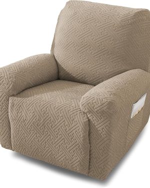 NORTHERN BROTHERS 4-Piece Stretch Recliner Chair Covers – Single Seater Slipcovers with Storage Pockets, Soft, Kid- and Pet-Friendly, Khaki