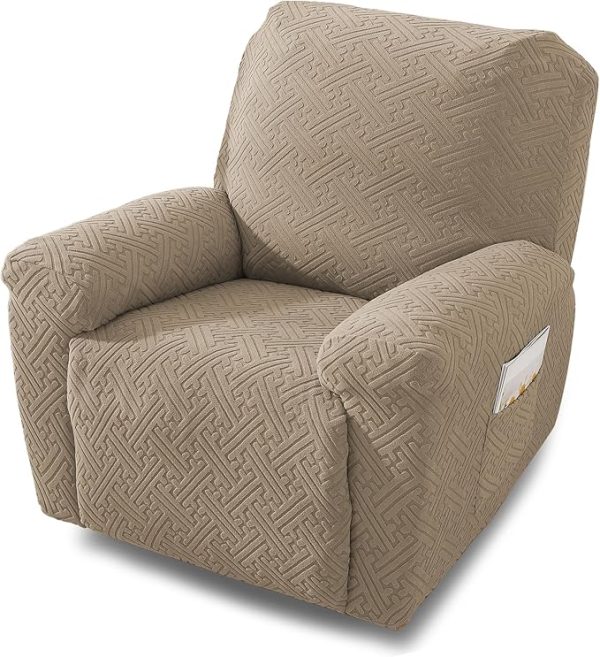 NORTHERN BROTHERS 4-Piece Stretch Recliner Chair Covers – Single Seater Slipcovers with Storage Pockets, Soft, Kid- and Pet-Friendly, Khaki