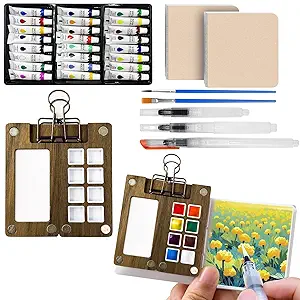 Pocket Artist Mini Watercolor Travel Set – Portable Wooden Paint Kit for Painting Enthusiasts, Complete with Watercolor Paints, Brush, Sketchbook, and Copper Clip – Ideal Art Tools for Artists & Painters