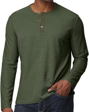 Men’s Long Sleeve Henley Shirt – Lightweight Waffle Knit Pullover with Button Detail, Casual Textured Basic Top.