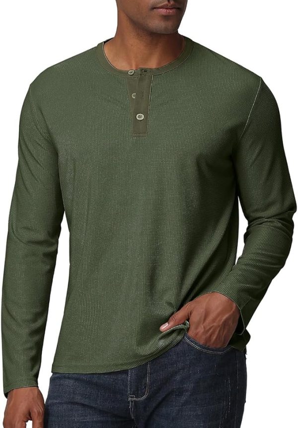 Men’s Long Sleeve Henley Shirt – Lightweight Waffle Knit Pullover with Button Detail, Casual Textured Basic Top.