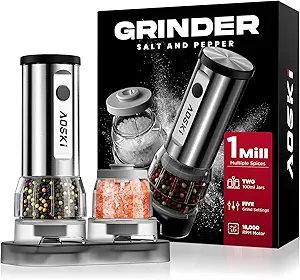 Electric Salt and Pepper Grinder Set – Rechargeable Stainless Steel Mills with LED Light, 5 Adjustable Coarseness Settings – Automatic Battery-Operated Shakers for Kitchen, Cooking, or Housewarming Gif