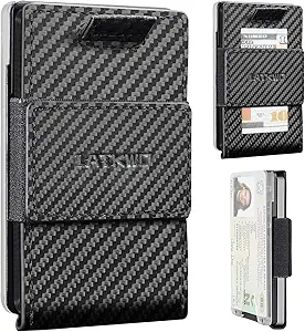 Slim Minimalist Metal Wallet for Men – RFID Blocking, Front and Back Pocket Credit Card Holder with ID Window, Holds 1-10 Cards (Carbon Fiber Design)