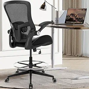 Drafting Chair – Tall Office Chair with Flip-Up Armrests, Counter-Height Office Chair for Standing Desks, Adjustable Lumbar Support, Footrest, Black