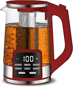 Gourmia Electric Programmable Glass Kettle – 1.7L Capacity with Temperature Control for Tea & Coffee, Digital Touch Display, 6 Preset Settings, Keep Warm Function, Removable Stainless Steel Infuser, 360° Swivel Base – Red