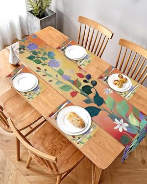 5-Piece Floral Dining Set – Vibrant Botanical Table Runner & Placemats with Colorful Leaves and Flowers – Includes 1 Table Runner and 4 Matching Placemats