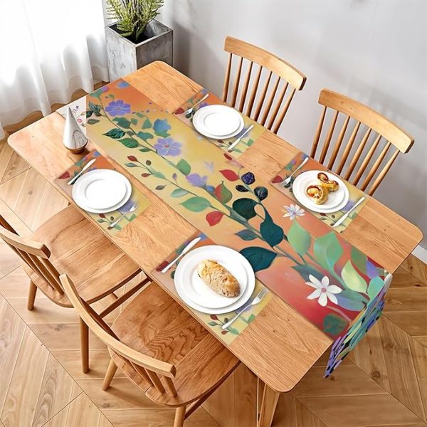5-Piece Floral Dining Set – Vibrant Botanical Table Runner & Placemats with Colorful Leaves and Flowers – Includes 1 Table Runner and 4 Matching Placemats