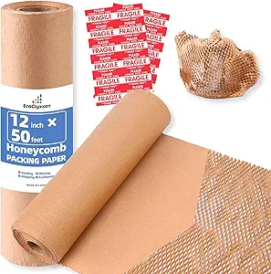 Honeycomb Packing Paper 12" W x 50' L – Eco-Friendly Bubble Wrap Alternative for Shipping, Moving, and Small Business Packaging | Perfect for Boxes, Gifts, and Includes 20 Fragile Stickers