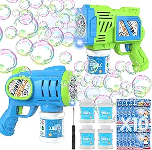 2-Pack Automatic Bubble Gun Machines for Kids – Light-Up Bubble Blowers with 4 Bottles and 10 Bags of Refill Solution – Perfect Bubble Guns Blasters for Toddlers, Outdoor Play, Weddings, Easter, and Party Favors