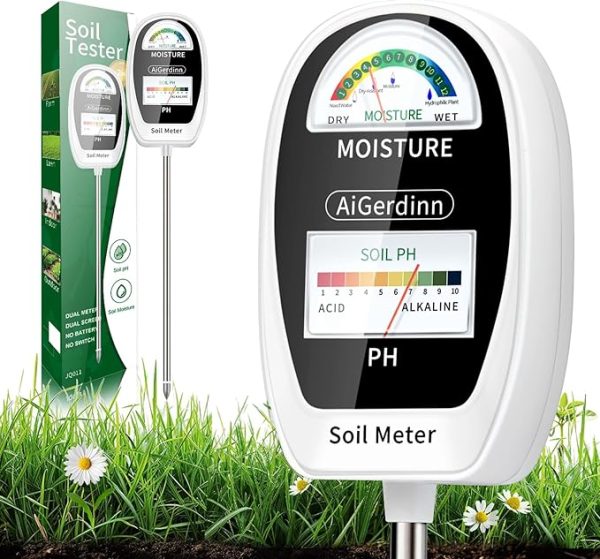 2-in-1 Soil Test Kit – Dual Dial Soil Moisture & pH Meter, Simultaneous Display – Soil pH Tester and Moisture Meter for Gardens, Lawns, Farms, and Indoor/Outdoor Plants – Pure White