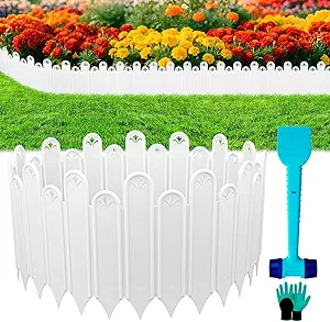 20PCS White Garden Edging Borders – 9.76" High Plastic Fence Set with Hammer, Shovel, and Gloves – 13.6ft Flexible Decorative Interlocking Landscape Edging – Perfect Flower Bed Border for Patios