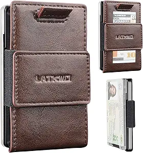 Slim Minimalist Metal Wallet for Men – RFID Blocking, Front and Back Pocket Design, Holds 1-10 Cards with ID Window (Coffee)