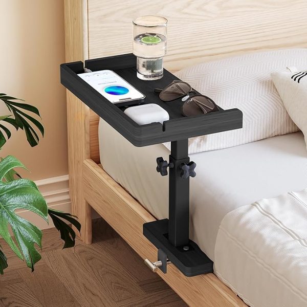 Adjustable Bamboo Bedside Shelf with Sturdy Metal Pole – Clip-On Nightstand Organizer for College Dorms, Apartments, and Bunk Beds