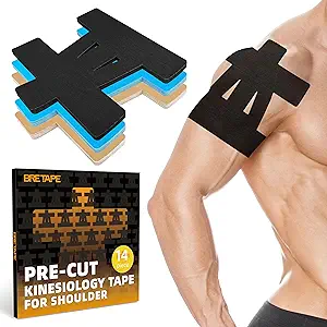 14-Pack Precut Kinesiology Tape for Shoulder – Elastic, Waterproof & Breathable Shoulder Support Tape in Black, Hypoallergenic Sports Tape for Effective Pain Relief