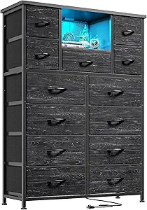 13-Drawer Tall Black Dresser for Bedroom with LED Lighting and 4 Charging Ports – Ideal for Bedroom, Hallway, Closet, or Entryway | Dimensions: 11.8" D x 35.4" W x 47.3" H