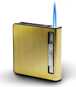 Gold Cigarette Case with Built-in Lighter & Automatic Dispenser – Holds 20 Cigarettes, Waterproof, Windproof, Refillable Butane