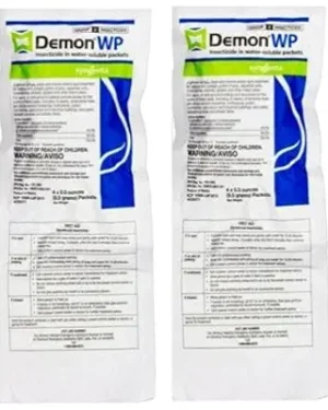 Syngenta Demon WP Insecticide – Each package contains 4 water-soluble packets of 9.5 g each, which together treat 4 gallons of solution. Active Ingredient: Cypermethrin 40% (2 packets per 4 gallons).