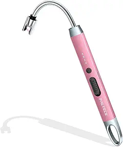USB-C Rechargeable Electric Candle Lighter – Windproof & Flameless Arc Lighter with Safety Switch, 360° Flexible Neck – Long Lighter for Camping, BBQ, Fireplace & Stove (Rose Gold)
