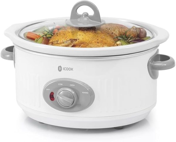 ICOOK 3.5 Quart Slow Cooker (USC-351-OG) – Small Oval Slow Cooker with Dishwasher-Safe Ceramic Pot and Glass Lid, White