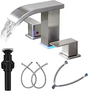 3-Hole Brushed Nickel Bathroom Vanity Faucet – LED Waterfall Design, 8-Inch Widespread Sink Faucet with Modern 2-Handle Touch Controls