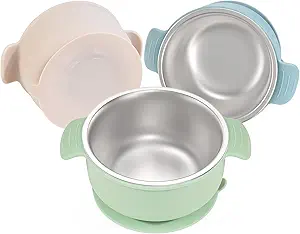 Bella's Friends 3-Pack Stainless Steel & Silicone Suction Baby Bowls – 4.3” Toddler Feeding Set, Non-Slip, Non-Toxic, Dishwasher Safe, High Chair Friendly – Beige, Green & Blue