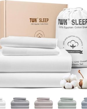 TWK 1200 Thread Count Egyptian Cotton Sheet Set – 100% Long-Staple, Luxury Hotel Collection, Deep Pocket Fitted with Reinforced Elastic Seams, Ultra-Soft & Breathable Bedding (White, King)