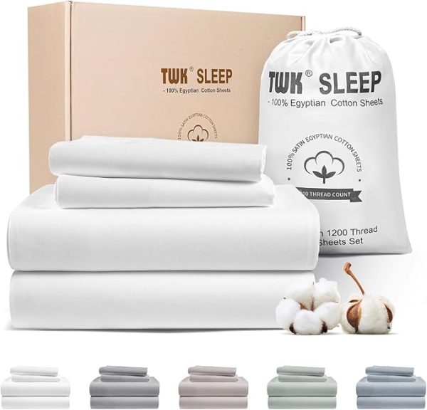 TWK 1200 Thread Count Egyptian Cotton Sheet Set – 100% Long-Staple, Luxury Hotel Collection, Deep Pocket Fitted with Reinforced Elastic Seams, Ultra-Soft & Breathable Bedding (White, King)