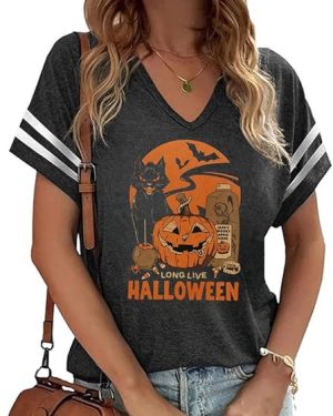 Women’s V-Neck Halloween Shirt – Fall Graphic Tee with Pumpkin Design, Casual Autumn Thanksgiving Top