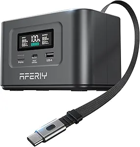 AFERIY 145W DC Portable Power Station – Featuring a 99.2Wh LiFePO4 battery, this compact power station includes a 100W PD retractable USB-C cable for fast charging. It supports dual 100W PD input/output and can be charged via solar panels, making it ideal for camping, travel, and emergencies. TSA-approved for air travel and equipped with 6 safety protections for worry-free use.
