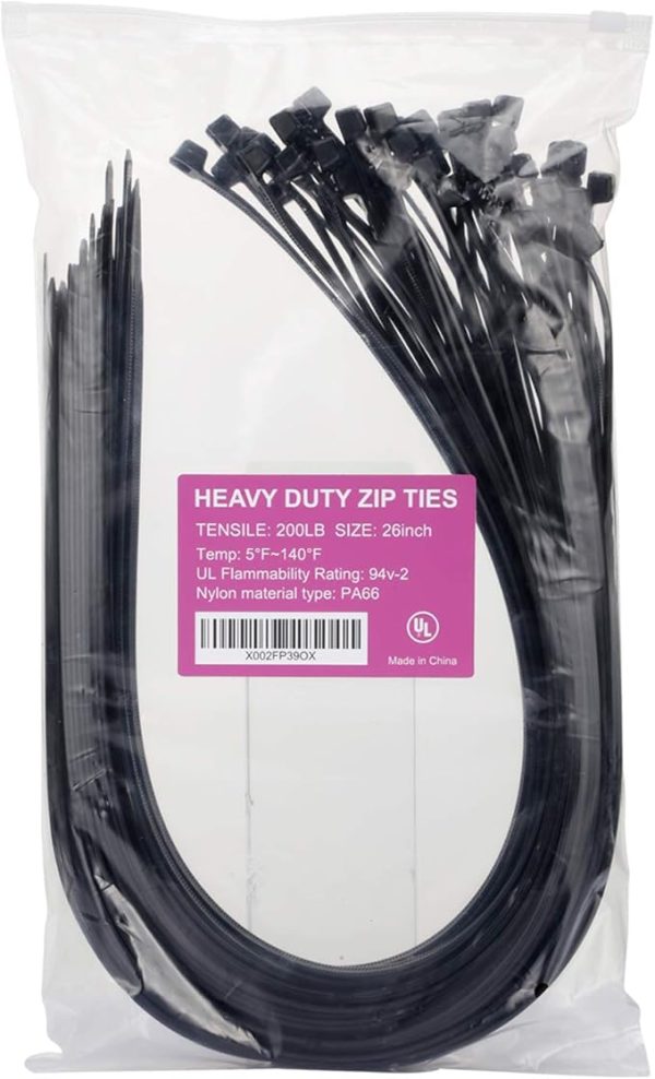 Heavy-Duty Extra-Long Cable Ties – 26 Inch, Black, 60-Pack Durable, large zip ties designed for heavy-duty use. Perfect for bundling cables, securing items, and versatile home or industrial applications.