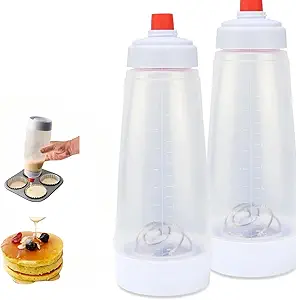 2-Pack Pancake Batter Mixer & Dispenser with Whisk Ball – 1000ml Silicone Squeeze Bottles with Stand Base and Leak-Proof Seal, Perfect for Pancakes, Crepes, Waffles, Muffins, and Cupcakes