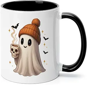 Adorable Ghost Halloween Coffee Mug | Spooky-Cute Ceramic Cup with Witch Hat Ghost | Fun Autumn & October Birthday Gift for Kids and Adults
