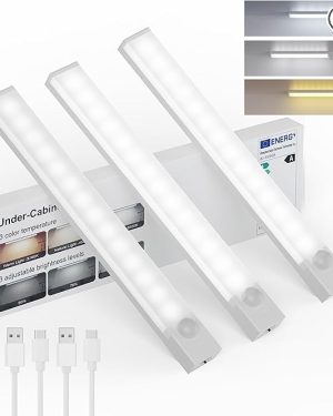 Rechargeable Motion Sensor Under-Cabinet LED Lights – 8 Inches, 3-Color Dimmable, Battery Operated, USB Rechargeable, Stick-On & Magnetic – Ideal for Kitchen, Closet, Staircase – 3-Pack