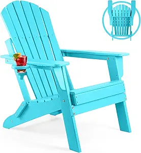 FUNBERRY Folding Adirondack Chair – All-Weather HDPE Outdoor Chair with Cup Holder, Perfect for Fire Pits