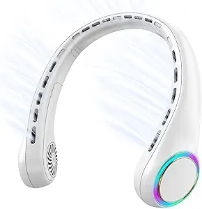 Portable Rechargeable Neck Fan – Personal Hands-Free Fan with 4000mAh Battery, 3 Speed Settings, 64 LED Cool Lights – Ideal Summer Gift for Men, Women, Mom, Dad (White)
