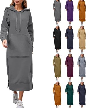 Plus Size Women's Long Hoodie Dress – Fleece Pullover, Long Sleeve, Maxi Hoodie with Pockets