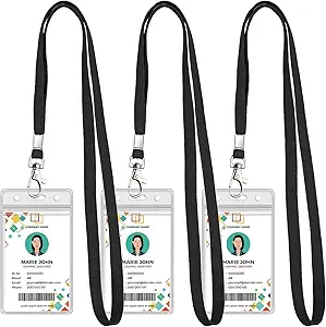 3-Pack Clear ID Badge Holders with Black Lanyards – Vertical, Waterproof, Ideal for Office, School, and Travel