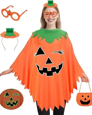 SelfTek 4-Piece Glow-in-the-Dark Halloween Costume Set for Women – Pumpkin Cape, Headband, Glasses & Candy Bag, Perfect for Halloween Parties 2025