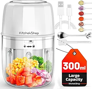 Portable Electric Garlic Chopper – 300ML Cordless Mini Food Processor, Rechargeable Vegetable Chopper & Blender for Nuts, Chili, Onions, Meat, and Spices – BPA-Free (White)