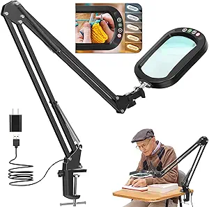 10X Magnifying Glass with Light and Clamp – Features 5 color modes and stepless dimming. This lighted magnifier comes with a sturdy stand, flexible swing arm, and hands-free design. Perfect for close work such as crafting, reading, painting, sewing, and other detailed tasks.