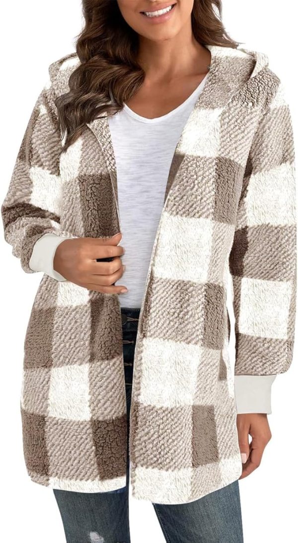 Women’s Plaid Sherpa Jacket – Casual, Cozy, and Comfy Hooded Fleece Coat | Open Front Teddy Bear Cardigan | Oversized & Fuzzy Outerwear