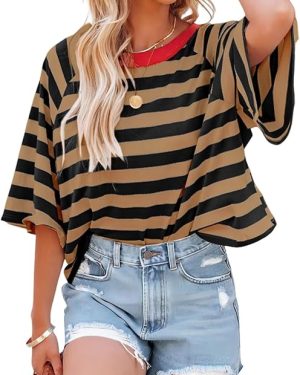 Dokotoo Women’s Striped T-Shirt – 2025 Fashion Color Block Crewneck Loose Fit Casual Top