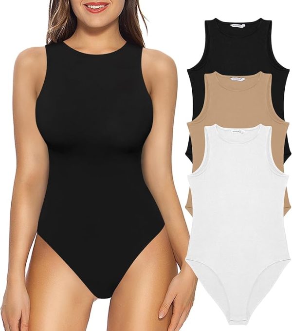 MANGOPOP Women’s 3-Piece Sleeveless Bodysuit Set – Sexy Ribbed Tank Tops with Crew Neck, Racerback, and Halter Styles
