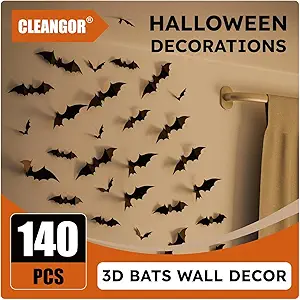 Cleangor® 140-Piece Halloween Bat Decorations – 3D Wall Decals, Stickers for Spooky Party Decor, Indoor Use for Bedroom, Bathroom, Home, Door, Window, Office