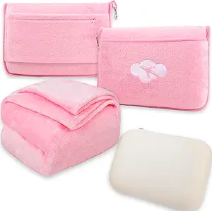 3-in-1 Travel Blanket & Pillow Set for Airplane Trips – Compact Plane Blanket with Pillow Bag, Perfect Gift for Women, Essential Long-Haul Flight Accessory for International Travelers (Pink)