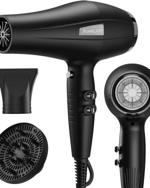 Professional Ionic Hair Dryer with Diffuser – 1875W Powerful AC Motor Blow Dryer, Fast-Drying with Nozzle, 8.2ft Cord – Salon & Home Use for Women and Men