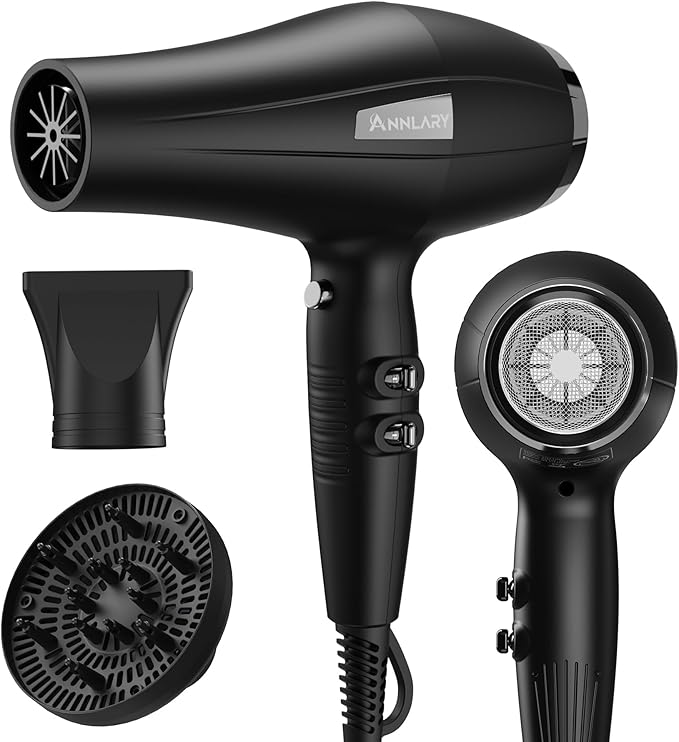 Professional Ionic Hair Dryer with Diffuser – 1875W Powerful AC Motor Blow Dryer, Fast-Drying with Nozzle, 8.2ft Cord – Salon & Home Use for Women and Men