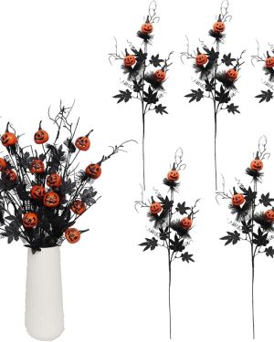 Set of 5 Halloween Decorations – Black Artificial Flowers, 21-Inch Pumpkin & Maple Leaf Stems – Perfect for Indoor Home, Farmhouse, or Party Vase Arrangements