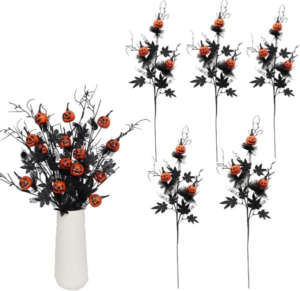 Set of 5 Halloween Decorations – Black Artificial Flowers, 21-Inch Pumpkin & Maple Leaf Stems – Perfect for Indoor Home, Farmhouse, or Party Vase Arrangements