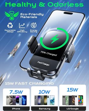 CHGeek 15W Wireless Car Charger – Fast Charging Auto-Clamping Phone Mount & Holder for iPhone 11–16, Samsung Galaxy S10–S24, Black